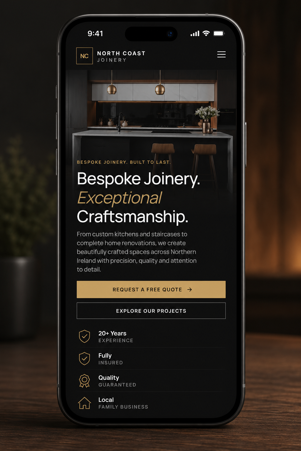 North Coast Joinery website shown on a mobile phone